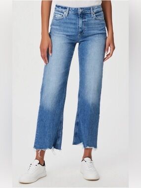 PAIGE Medium Blue Cropped Raw-Hem Wide-Leg Jeans